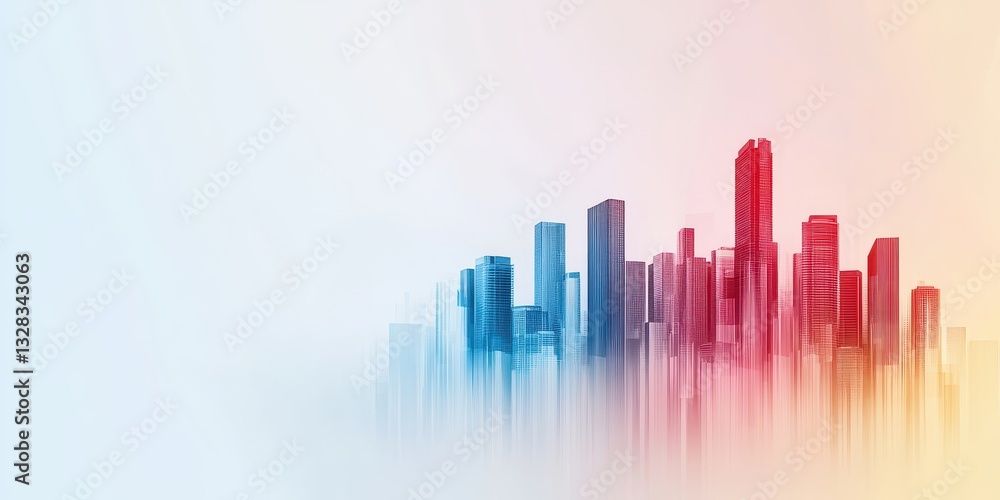 Poster a stylized skyline featuring buildings in shades of blue and red against a soft gradient background.