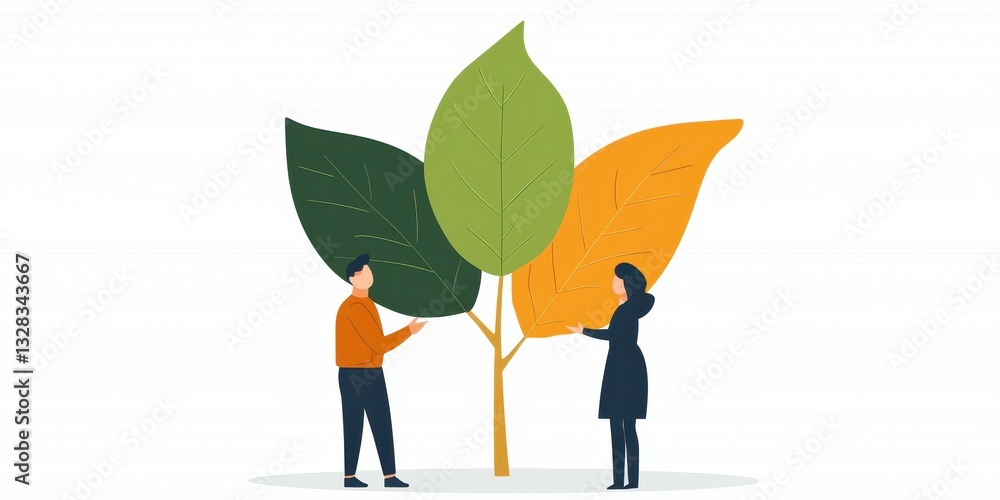 Poster two individuals interact with a stylized tree featuring large leaves in varying colors, symbolizing 