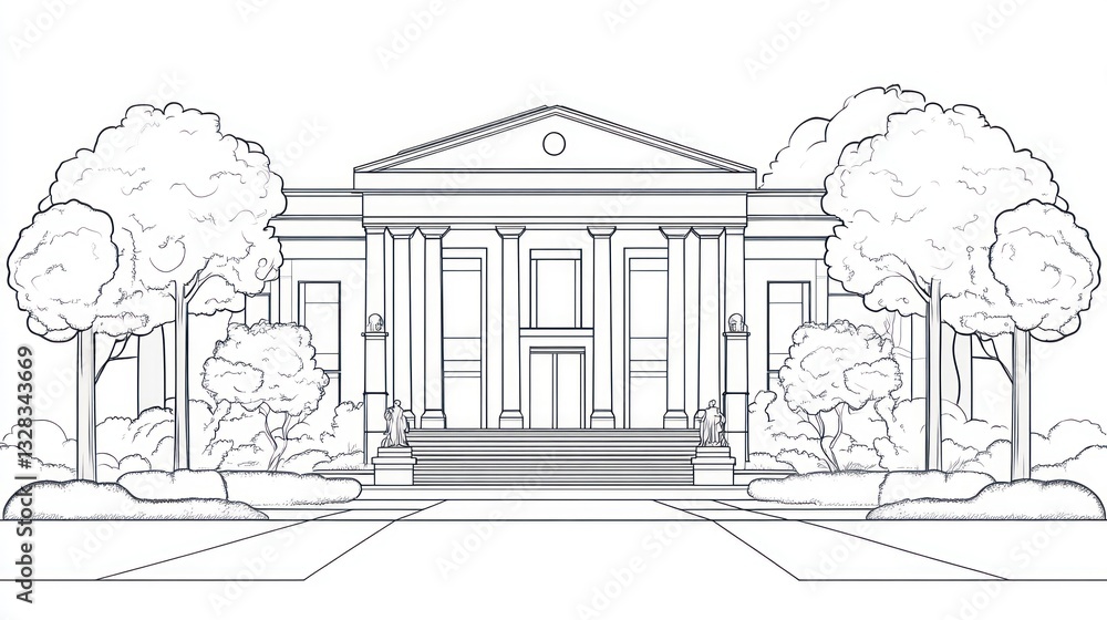 Poster outline drawing of a government building with trees. possible use stock illustration for architectur