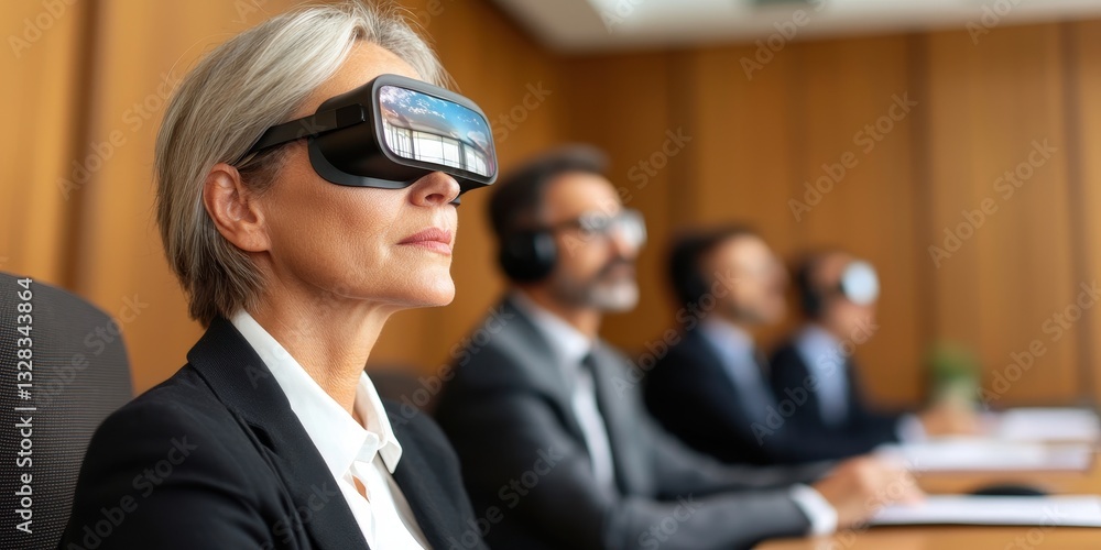 Poster a group of professionals engage in a virtual reality experience during a conference, highlighting th