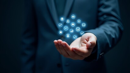 Hand Holding Digital Icons for Risk Management and Analytics