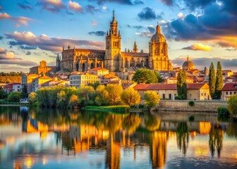 Fototapeta premium Salamanca Spain: Majestic New Cathedral & Tormes River Panorama - Old Town View