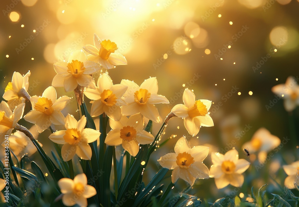 Poster radiant daffodils in bloom with soft sunlight and sparkling dust creating a dreamy spring atmosphere