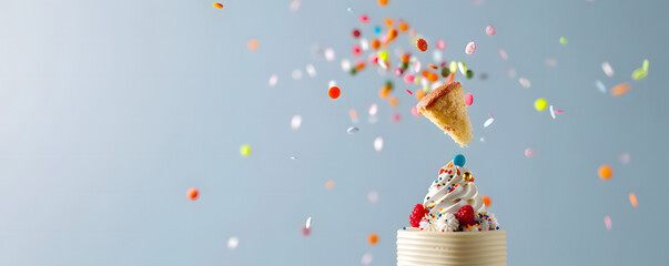 Chaos Cake Messy Decoration. Delicious ice cream topped with colorful sprinkles and confetti.