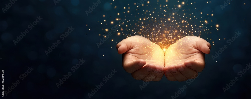 Poster a pair of hands cradles a glowing light, surrounded by sparkling particles, conveying a sense of hop