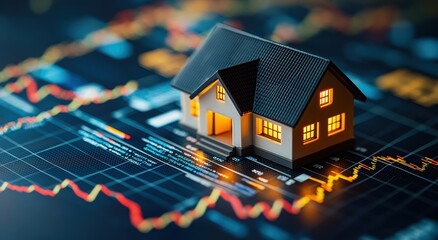 Real estate investment concept with miniature house on financial stock market chart, representing property valuation and market trends for investors and buyers