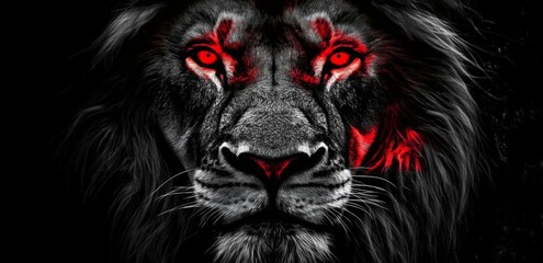 Lion King in Fiery Portrait on Black Background: Wildlife Animal Symbolizing Danger in Striking Digital Art Concept