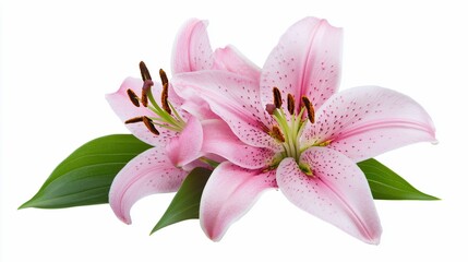 Naklejka premium Close-up of two pink lilies with green leaves. Isolated on white background