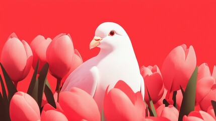 A white dove nestled amongst vibrant pink tulips against a bold red backdrop