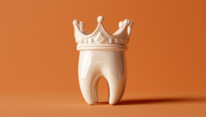 A single, gleaming tooth, sits majestically beneath a golden crown.  Orange backdrop