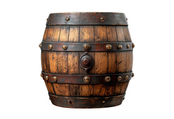 Fototapeta premium Wooden barrel with metal bands isolated on transparent background