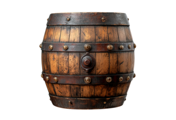 Wooden barrel with metal bands isolated on transparent background