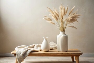 Scandinavian Home Decor: White Vase, Lagurus Grass, Marble Tray on Vintage Wooden Bench