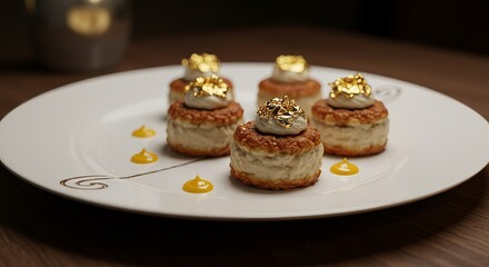 Gourmet Dessert Platter Elegant Mini Cakes with Gold Leaf Mustard Drizzle