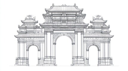 Fototapeta premium Asian Architectural Gateway Design, Drawing, Front View, Stock Photo