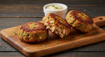 Delicious Golden Brown Crab Cakes on Wooden Board with Creamy Dip