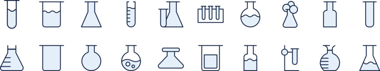 Bundle of Filled Color Icons of Light Blue Lab Flask. Minimalistic Linear Pictogram for Web and Graphic Design, Apps, Banners, Social Network and Cards