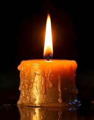 A warm and peaceful candle flame flickers, melting wax creating a calming scene