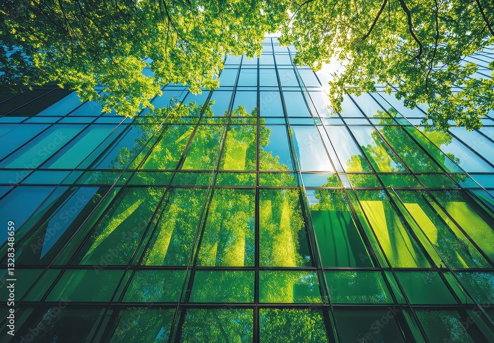 Poster reflection of lush green trees in modern glass building under bright blue sky with sunlight filterin