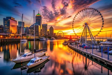 Obraz premium Seattle Waterfront Sunset: Great Wheel, Sailboats & Cityscape Bokeh