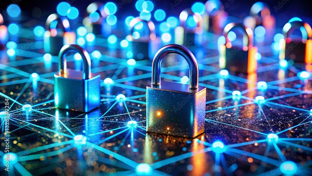 Poster secure cyber network: glowing padlocks protecting digital data - tilt-shift stock photo