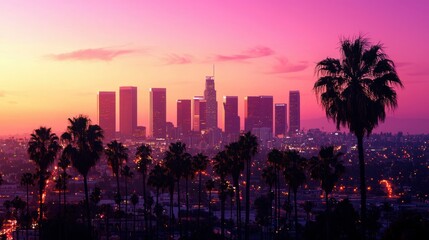 Vibrant sunset hues paint the sky over a cityscape, silhouetted palm trees in the foreground