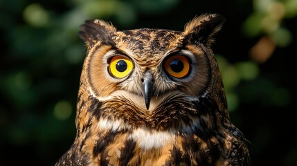 Fototapeta premium Close-up of a majestic owl, its bright yellow eyes captivating against a blurred green background. Intense gaze