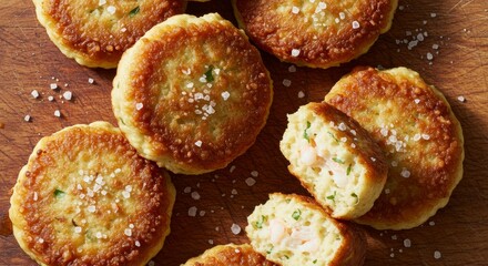Delicious Crispy Fried Shrimp Cakes with Sea Salt Close Up Food Photography