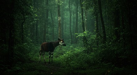 Okapi in the Mysterious Rainforest: A Serene Encounter in the Heart of the Jungle