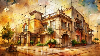Obraz premium Sepia Geometric Watercolor Architectural Sketch - Abstract Design Background