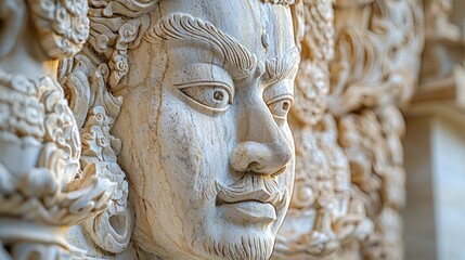 Naklejka premium Intricate stone carving, temple facade, Asian deity, sunlight