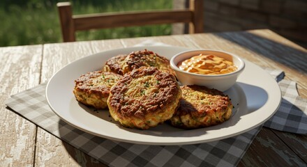 Delicious Golden Brown Crab Cakes with Creamy Dipping Sauce on Rustic Wooden Table