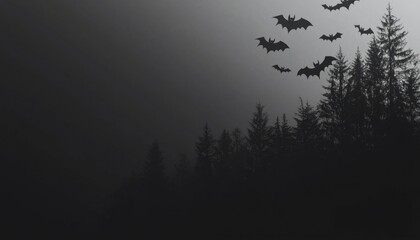 Silhouetted forest shrouded in mist, bats flying overhead.  Eerie, dark ambiance