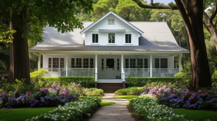 trees white siding house