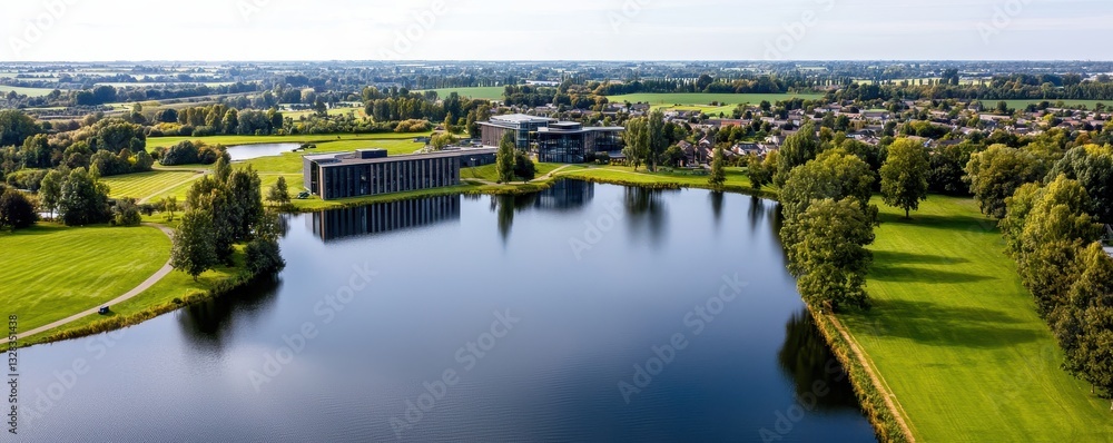 Poster a scenic aerial view of a tranquil lake surrounded by lush greenery and modern buildings under a cle