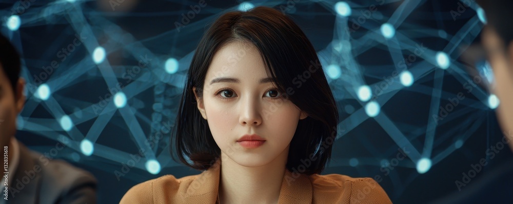 Poster a focused individual seated at a table, looking serious, with a digital backdrop featuring interconn