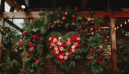 Lush heart-shaped floral arrangement with red and pink roses, greenery, and ferns