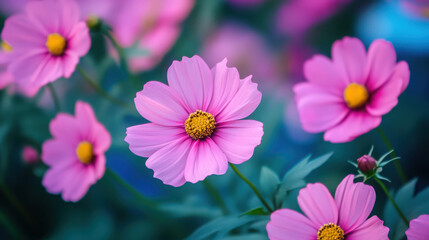 A vibrant display of pink flowers with yellow centers in a lush green setting.