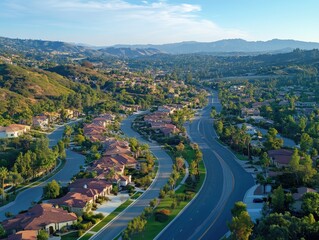 Scenic Aerial View of Serene Suburban Neighborhood Surrounded by Lush Green Hills and Rolling Mountains Under Clear Blue Sky