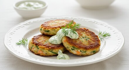 Delicious Homemade Fish Cakes with Creamy Dill Sauce Garnish Close up Food Photography