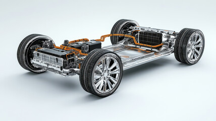 an electric car chassis with battery and motor.