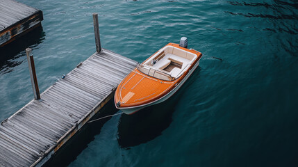 Obraz premium A vibrant orange boat docked by a wooden pier on calm turquoise waters.