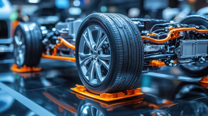Fototapeta premium close-up of an electric car chassis with a tire.