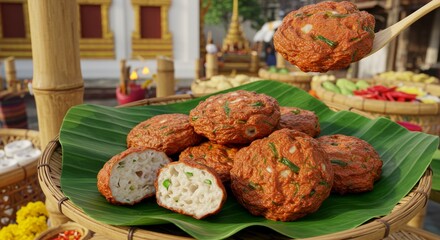 Delicious Thai Tod Mun Pla Fish Cakes on Banana Leaf Asian Street Food