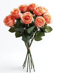 A bouquet of ten peach-colored artificial roses, tied together with twine, on a white background.