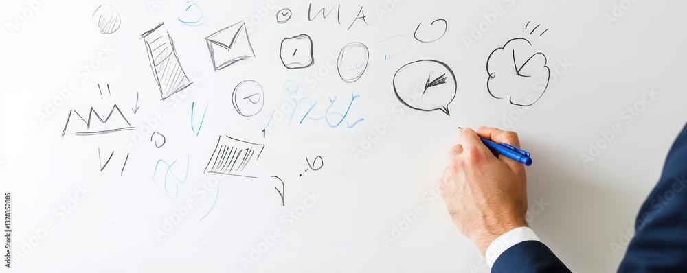 Poster a businessman sketches various icons and symbols on a wall, representing concepts like communication