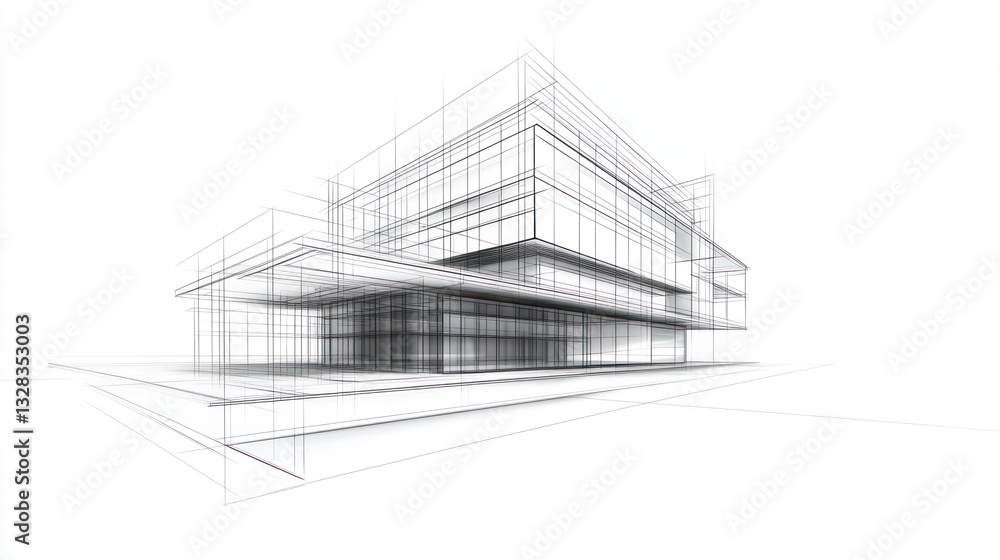 Poster architectural drawing of modern building; wireframe perspective view; possible use in architectural 