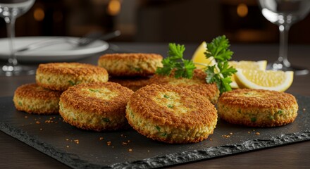 Delicious Golden Brown Fish Cakes on Slate Plate with Lemon Garnish