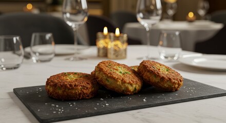 Delicious Crispy Fried Fish Cakes on Slate Platter Fine Dining Restaurant Setting