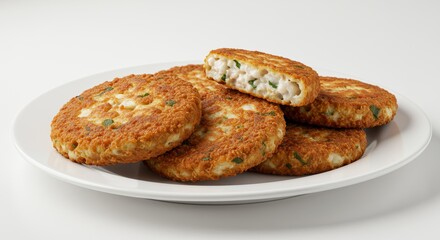 Delicious Golden Brown Fish Cakes with Herbs Close up Food Photography